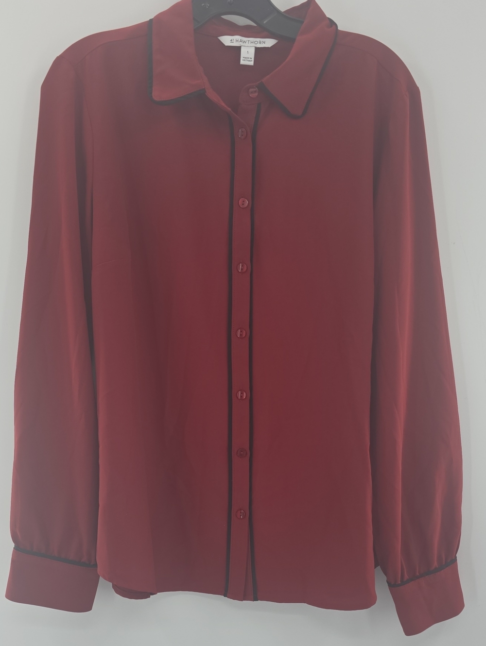 41 Hawthorn Burgundy Button-Up Blouse with Black Piping
